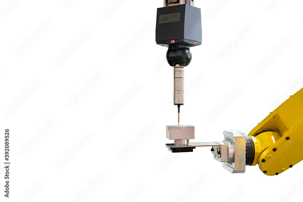 automatic coordinate measurement machine (CMM) during inspection precision part of engine for industrial in manufacturing process with robot arm and auto grip clamp for transfer isolated & path automatic coordinate measurement machine (CMM) during inspection precision part of engine for industrial in manufacturing process with robot arm and auto grip clamp for transfer isolated & path