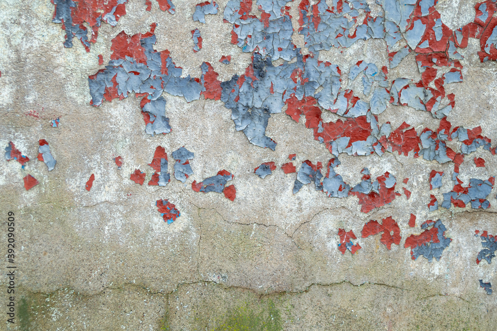 Fototapeta premium Old colored concrete wall. Weathered wall with chipped blue and red paint. cracked texture, abstract background.