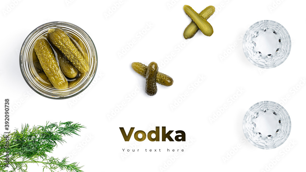 Vodka, glasses and pickles on a white background. Long header banner format. Panorama website header banner. High quality photo