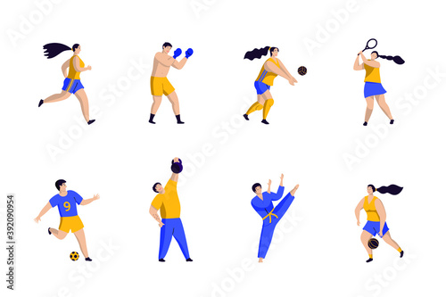 Set of different athletes in motion. A collection of training people. Vector illustration in flat style.