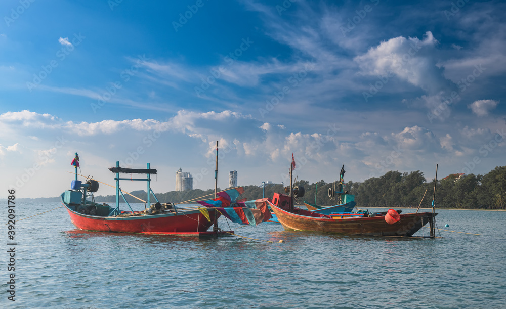 Wooden fishery boat in the sea. Wooden fishery boat in the sea.