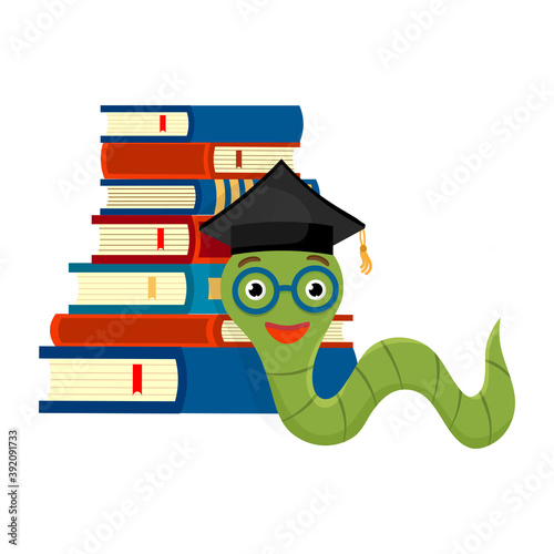 Cute bookworm in glasses wearing a graduate cap near a stack of colorful books, isolated on white background. Education concept. Vector cartoon illustration.