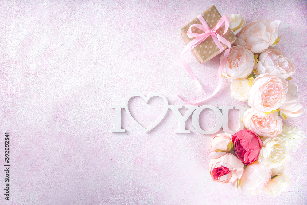 Valentine Day Greeting Card and Spring Background with Peony Flowers and word Valentine Day Greeting Card and Spring Background with Peony Flowers and word