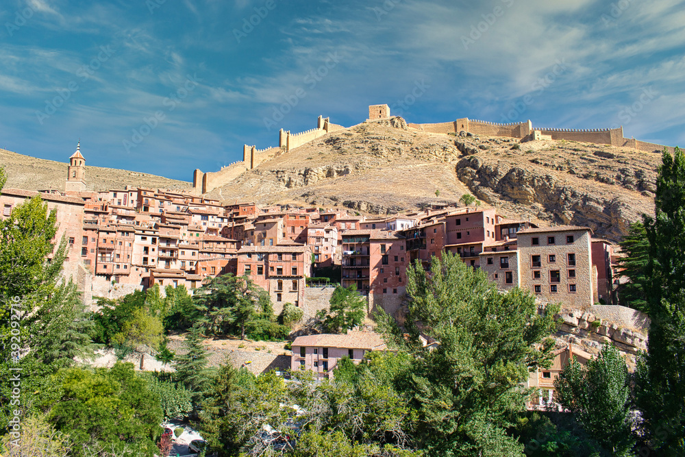 Medieval town of Albarracin in the province of Teruel. At the top of the hill, ruin of the wall that fortified the town, Spain