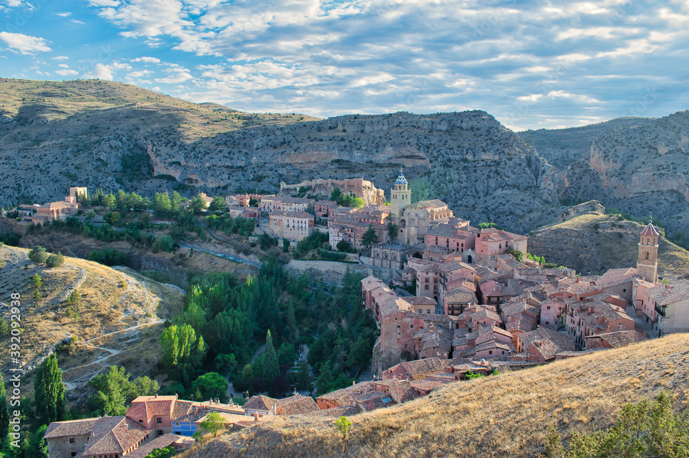 The beautiful town of Albarracin seen from the top of its medieval walls and gorge of the river Guadalaviar, Teruel, Spain