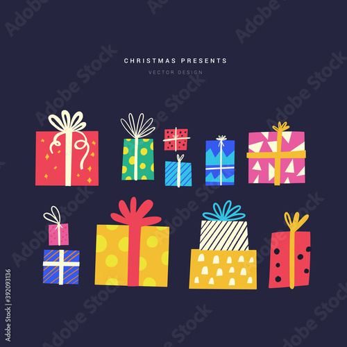 Xmas time presents flat vector illustrations set