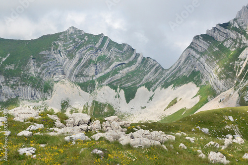 structure folded carbonate rock beds in the mountains of Montenegro Europe 
