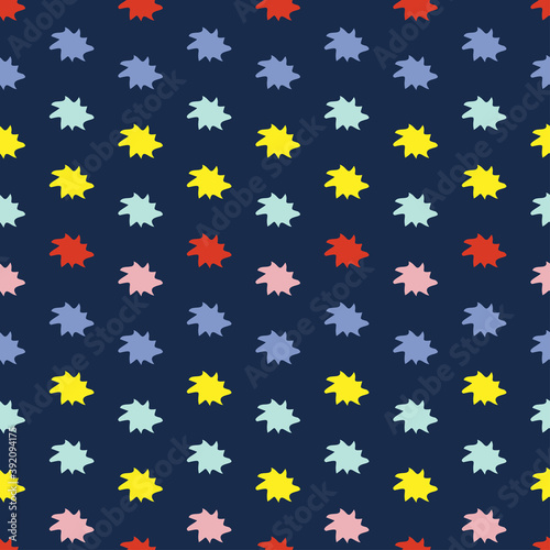 Abstract seamless vector colourful pattern with spiky decorative stars on dark blue