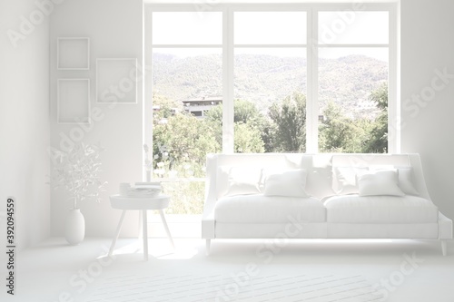 White living room with sofa and summer landscape in window. Scandinavian interior design. 3D illustration