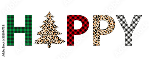 Plaid Christmas happy tree winter leopard tree vector holiday card
