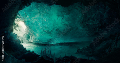 Beautiful ice cave background with a man (explorer) discovering the cave.