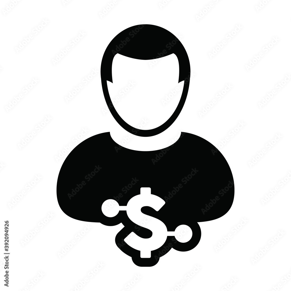 Digital currency icon vector dollar money symbol with male user person profile avatar for digital currency in a glyph pictogram illustration