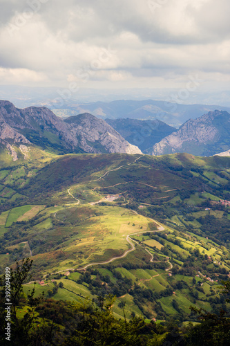 Green landscape with mountains in Asturias, Spain. 
