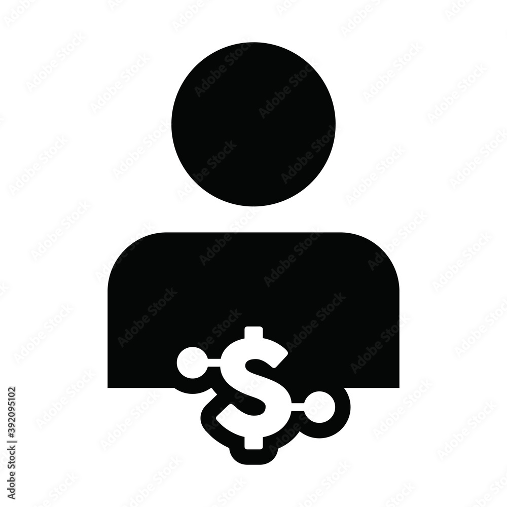 Money icon vector digital dollar currency with male user person profile avatar for digital wallet in a glyph pictogram illustration Money icon vector digital dollar currency with male user person profile avatar for digital wallet in a glyph pictogram illustration