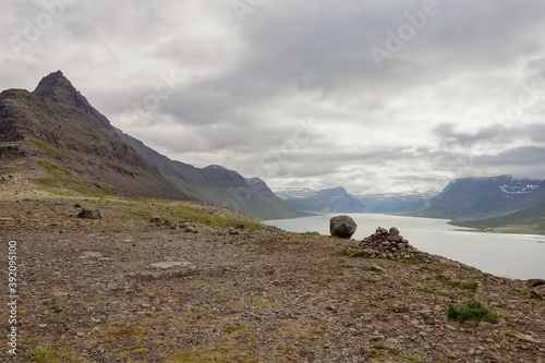 Landscape of Alftafjordur fjord near the Sudavik city, Iceland with mountains in cloudy weather photo