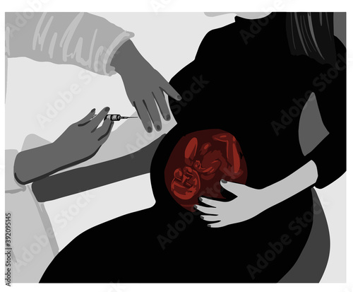 Beautiful young pregnant woman getting vaccine shot on her arm by lovely professional female obstetrician. can be beneficial for outdoor posters and banners.