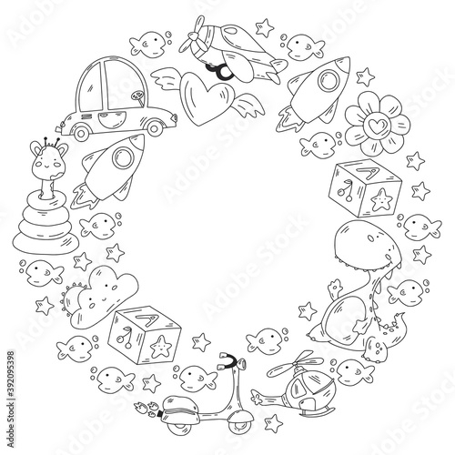 Kindergarten  toys vector pattern. Little children creativity and imagination. Online education  educational games.