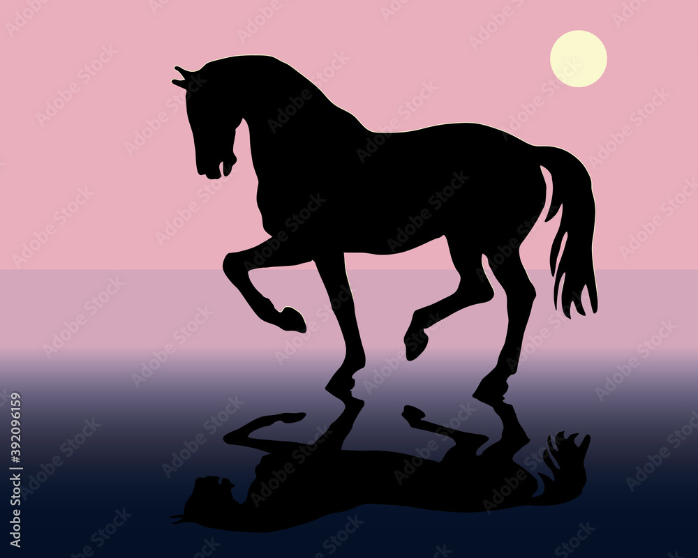 romantic drawn black silhouette of a prancing horse isolated on a colored background and reflection romantic drawn black silhouette of a prancing horse isolated on a colored background and reflection