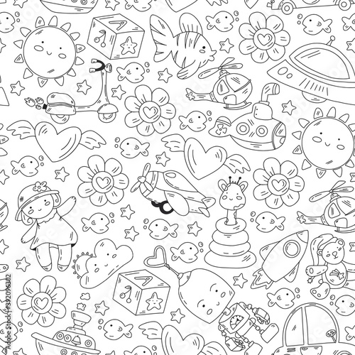 Seamless vector pattern with toys. Little children creativity and imagination. Online education, educational games.