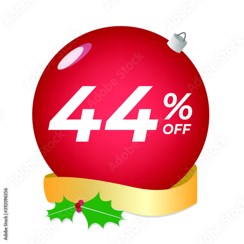 44% off. Forty-four percent discount. Christmas sale banner. Red bubble with ornaments on a white background vector.