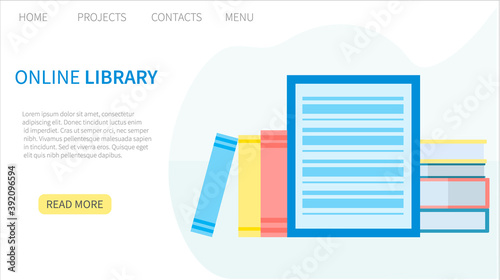 Online library, e-book, digital book store, e-reading, online learning, education concept. Landing page template. Vector illustration in flat design for web and graphic design.