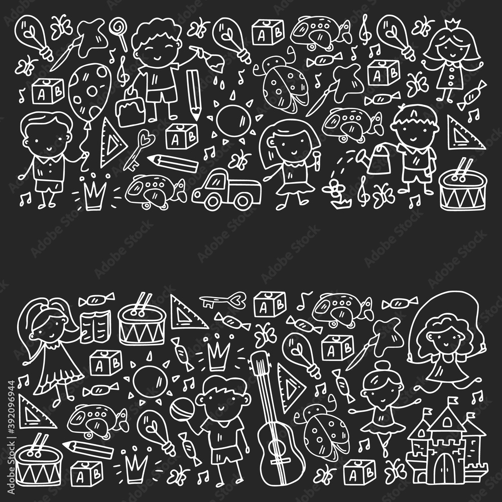 Obraz premium School, kindergarten with cute vector children. Dancing, singing, painting, online education. Creativity and imagination.