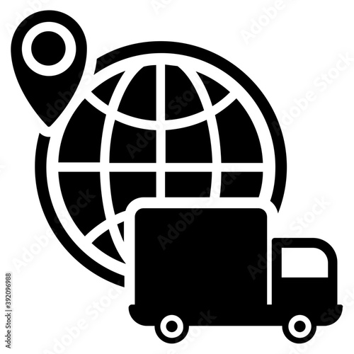 
Package with globe, global delivery icon in solid design.
