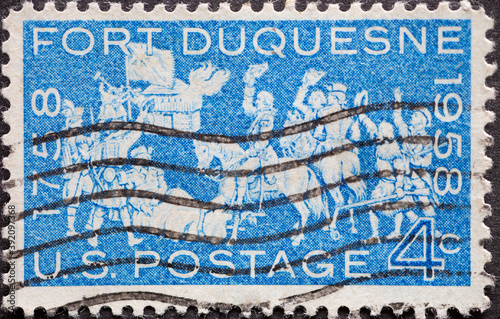 Fototapete USA - Circa 1958 : a postage stamp printed in the US showing some British and Colonial American forces successfully took over Fort Duquesne from the French