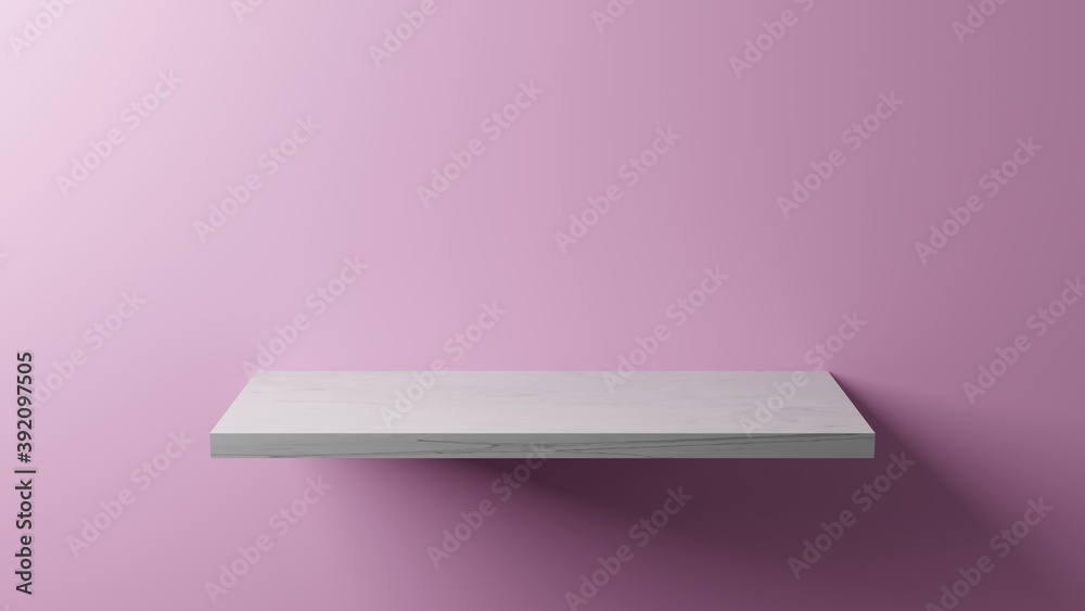 Marble shelf for product display on a pink background. White bookshelf, pink wall.