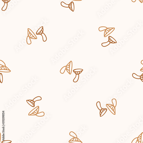 Seamless background fly agaric mushroom gender neutral pattern. Whimsical minimal earthy 2 tone color. kids nursery wallpaper or boho cartoon fungi fashion all over print. 