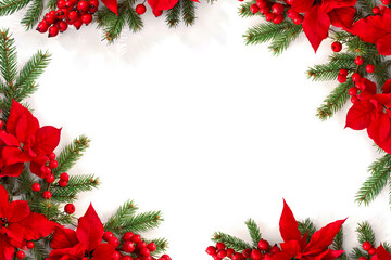 Christmas decoration. Frame of flowers of red poinsettia, branch christmas tree, red berries on white background with space for text. Top view, flat lay