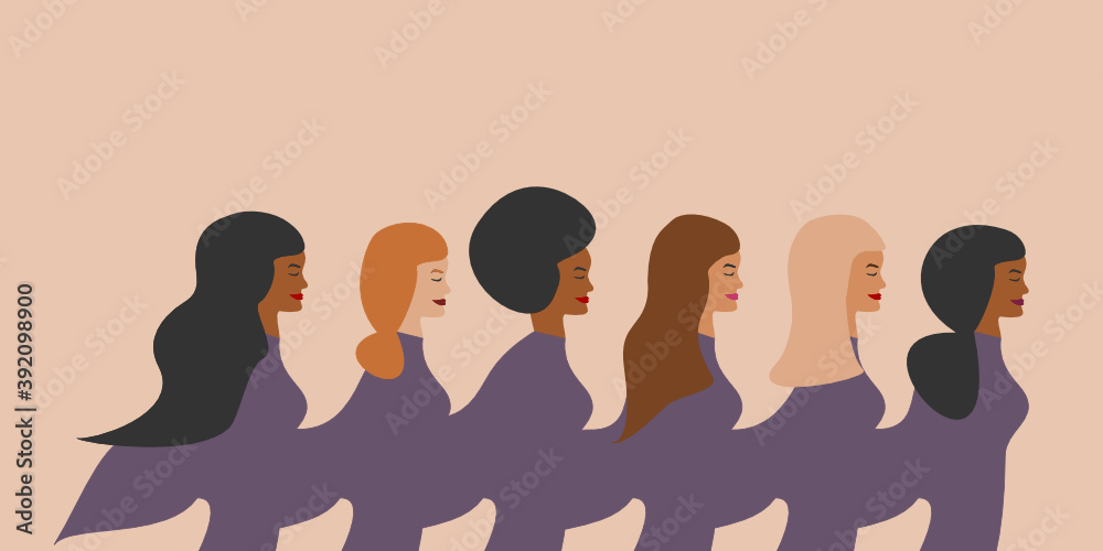 Beautiful women of different ethnicities standing side by side, holding hands. Women empowerment, girl power, stronger together concept, equality and diversity 