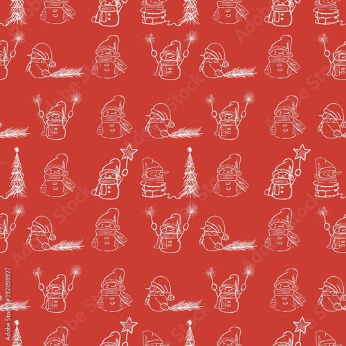 Christmas seamless pattern. Snowmen on a red background. Design for holiday wrapping paper