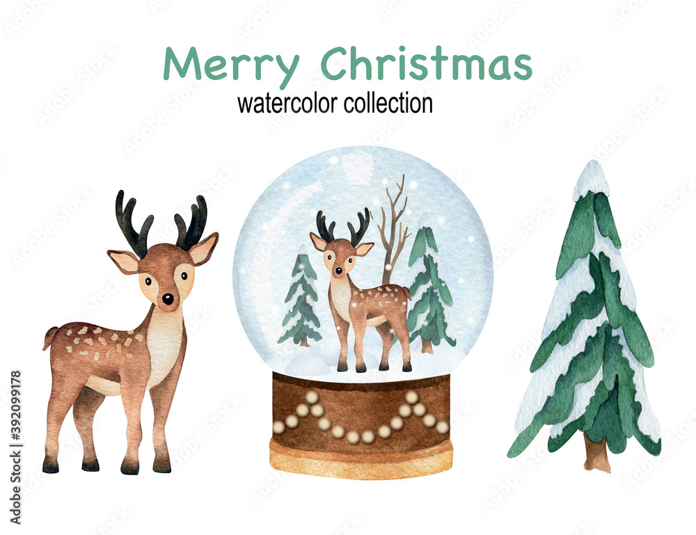 Christmas and New Year watercolor set with deer, snowball globe and pine tree Christmas and New Year watercolor set with deer, snowball globe and pine tree