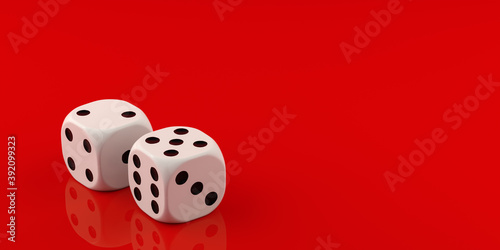 two white dices on red background. 3d rendering