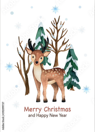 Christmas and New Year watercolor postcard with cute deer and winter forest