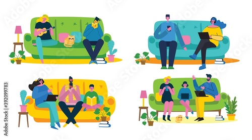 Stay and work at home. Parents and child at home and using digital device, reading book and playing guitar. Hobby infographic design elements vector illustration