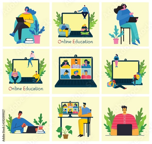 Webinar online concept illustration. Young man uses video chat on desktop and laptop to make conference. Work remotely from home. Flat modern vector illustration.