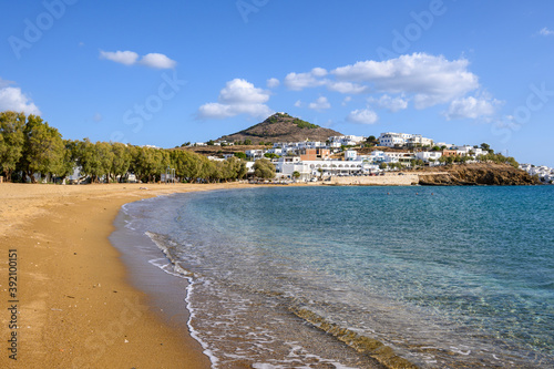 View of beautiful sandy Logaras beach with azure sea water on coast of Paros island, Greece
