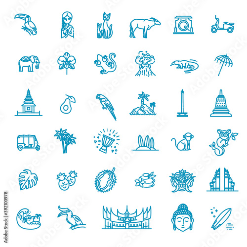 Indonesia icons set. Attractions, line design. Tourism in Indonesia, isolated vector illustration. Traditional symbols