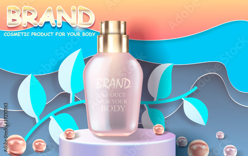 Cosmetic bottle and cream jar on podium stage, mock up banner of beauty skin care cosmetics tubes, product presentation. Realistic 3d vector illustration