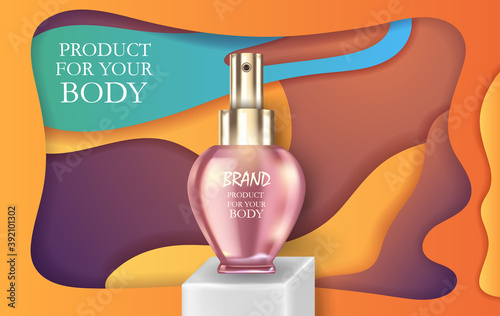 Cosmetic bottle and cream jar on podium stage, mock up banner of beauty skin care cosmetics tubes, product presentation. Realistic 3d vector illustration