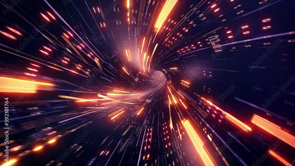 Fast digital lights and dots, neon glowing rays in motion into futuristic and technologic tunnel. 3D render