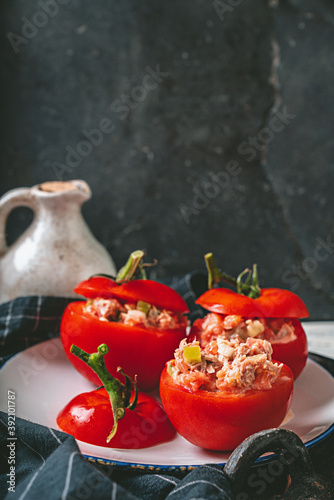 Traditional portuguese snack tomatoes stuffed with canned tuna