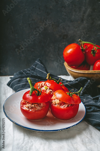 Traditional portuguese snack tomatoes stuffed with canned tuna
