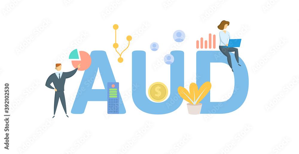 AUD, Australian Dollar currency designation. Concept with keywords, people and icons. Flat vector illustration. Isolated on white background. AUD, Australian Dollar currency designation. Concept with keywords, people and icons. Flat vector illustration. Isolated on white background.