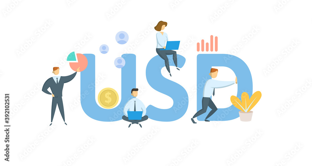 USD, US dollar currency designation. Concept with keywords, people and icons. Flat vector illustration. Isolated on white background.