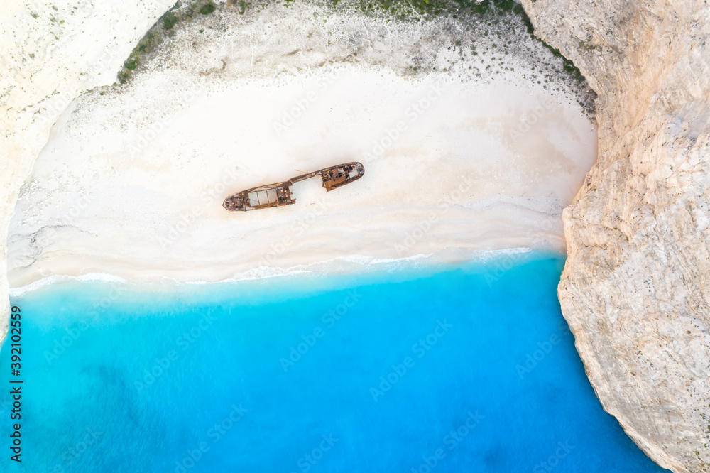 Zakynthos island Greece shipwreck Navagio beach travel vacation background drone view aerial photo - obrazy, fototapety, plakaty 