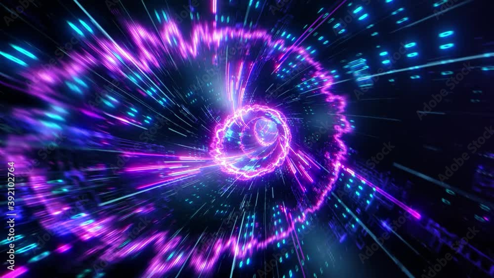 Flying through fast digital lights and dots, neon glowing rays into futuristic and technologic tunnel. 3D render Flying through fast digital lights and dots, neon glowing rays into futuristic and technologic tunnel. 3D render