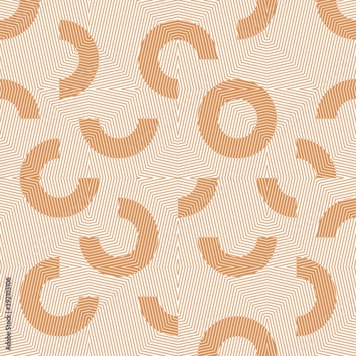 Seamless abstract geometric pattern. Vector illustration in white and orange with line texture. Truchet pattern.